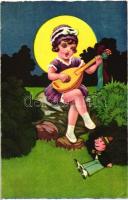 Girl with music instrument, Italian art postcard, Amag No. 0268. (EB)