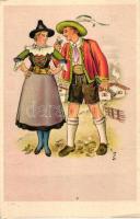 Couple in traditional dress, Austrian folklore, artist signed (EK)