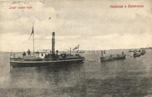A Zala halászhajó a Balatonon, Divald Károly / fishing boat on the Lake Balaton (gyűrés / crease)