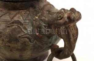 Antik füstülő, Foo kutyás tetővel és sárkány fülekkel, fém több helyen lukacsos, jelzés nélkül, m:27...