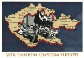 Wir danken unserm Führer / Adolf Hitler, Konrad Henlein, NS propaganda, map of the Czech Republic, 6 Ga.