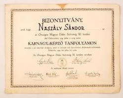 1934 Bizonyítvány Országos Magyar Dalos Szövetség karnagy képző tanfolyam elvégzéséről. 43x34 cm