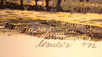 Csavlek András (1942-): Badacsony. Színes linómetszet, papír, jelzett, üvegezett keretben, 26×59 cm ...