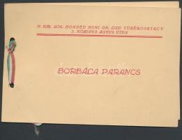 1943 M. Kir. 206. Honvéd Honi Gk. Tüzérosztály humoros Borbála parancsa nemzeti szalaggal és viaszpecséttel,  10x15cm