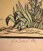 Gácsi Mihály (1926-1987): Kandúr és a róka. Színezett linómetszet, papír, jelzett, üvegezett keretbe...