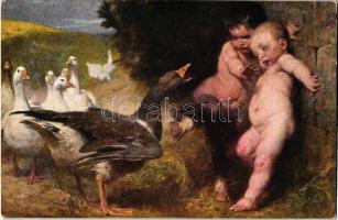 Nagy veszedelem / Hungarian art postcard, children, goose s: Benczúr