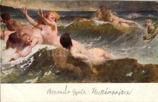 Hullámhajsza / Erotic nude art postcard s: Benczúr