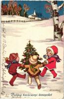 Boldog karácsonyi ünnepeket / Christmas, children dancing around a christmas tree, Italian art, artist signed (EK)