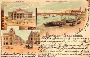 1899 Szeged, Közúti vashíd a rakparttal, uszályok, Kultúrpalota, Híd utca, litho, Art Nouveau (EK)