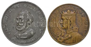 ~1860. "Széchenyi István" Sn emlékérem "SZÉCHENYI ISTVÁN - SZÜLET 1792. SZEPT 17. - 1860 APRILIS 8ÁN" (33mm) + Zsákodi Csiszér János (1883-1953) 1930. "Sanctus Emericus" Br jelvény "LUDVIG BP THÉK U. 44." gyártói jelzéssel (30mm) T:2- ph.,2