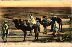 Biskra, Halte au Col de Sfa / camels in the desert, people in traditional dresses, Algerian folklore
