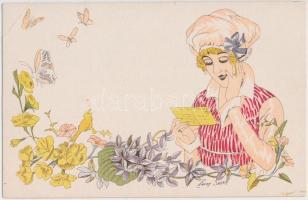 Woman reading a postcard, floral, s: Xavier Sager (EB)