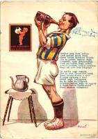 A Szent István Tápszerművek malátakávé és Porter-sörreklámja, söröző focista / Hungarian beverage company advertisment, malt coffe and beer; beer drinking football player, s: Biczó (EB)