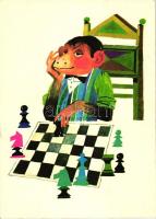 6 db MODERN sakk motívumlap, grafikai lapok is / 6 modern Chess motive cards series, graphic postcar...