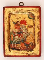 Szent György és a sárkány, görög ikon modern másolata, nyomat-olaj, fa, jelzés nélkül, hátoldalán tanúsítvánnyal, 17,5×13 cm