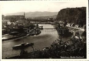 Decin, Tetschen-Bodenbach; view detail with river Elbe, bridge, steamship (EK)
