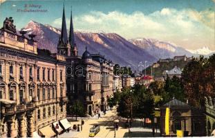 Salzburg, Westbahnstrasse / street, tram, Austrian Empire flags, castle (EK)