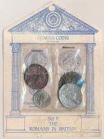 4db brit római érme replikája, csomagolásban, leírással T:1,1- 4pcs of replica Roman coins from Britain, in packing with information C:UNC,AU