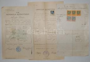 Temetési számla okmánybélyegekkel (1926) és 2 bizonyítvány (Népiskolai 1911) és gimnáziumi (1920)