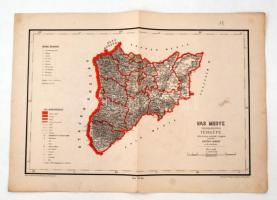 1880 Vas megye közigazgatási térképe. Hátsek Ignác - A magyar szent korona országainak megyei térképei. Rajzolta Hátsek Ignácz. Budapest, 1880. Rautmann Frigyes Kiadó Hivatala Posner Károly Lajos. Határszínezett kőnyomat,kis hibával a széleken, 38x54cm