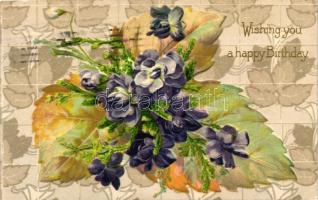 Wishing you a Happy Birthday / Greeting card, floral, litho, Emb. (EK)