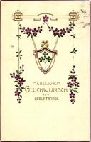 'Herzlichen Glückwunsch zum Geburstage' / Birthday greeting card, floral, golden decorated, Emb.