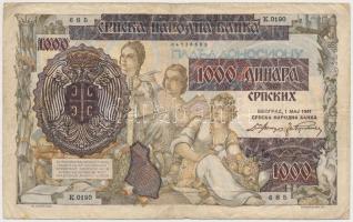 Szerbia / Német megszállás 1941. 1000D (500D-os bankjegyre nyomva) T:III,III- Serbia / German occupation 1941. 1000 Dinara (printed on 500 Dinara banknote) C:F,VG