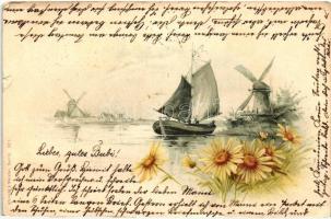 Greeting card with sailing ship, windmills, flowers; Albrecht & Meister, Berlin No. 1., litho (b)