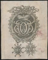 cca 1750 III. Ernő Frigyes (1727-1780) szász-hildburghauseni herceg ex librise. Az ovális keretben tükrözött E. F. C. monogram, lent a Fehér Sas-rend, valamint a Szent Hubertus-rend rendjelei. Metszette Martin Tyroff Nürnbergben, Kissé foltos. / cca 1750 Martin Tyroff: Etched bookplate of Friedrich Ernts III. saxon prince with the White eagle order and St Hubertus order. Somewhat stained 11x13,5 cm.