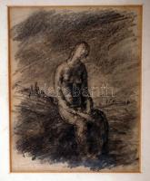 Jelzés nélkül:Üldögélő. Szén, papír, üvegezett keretben, 14×11 cm