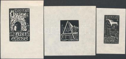 3 db ex libris, Andruskó Károly (1915-2008): Várak, épületek, linó és fametszet, papír, jelzett a dúcon, 4×2 cm