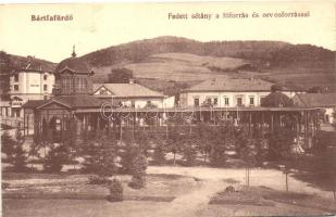 Bártfafürdő, Bardejovské kúpele; Fedett sétány a főforrás és orvosforrással, Erzsébet szálló, kiadja Somló Zoltán / promenade with fountains, hotel