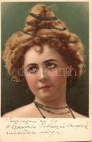 Lady, litho art postcard with glittering decoration (fa)