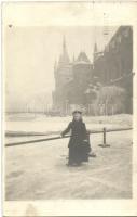 1914 Budapest XIV. Városligeti műjégpálya, hölgy a jégen, photo