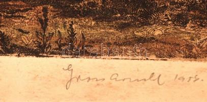 Gross Arnold (1929-2015): Dunapart. Színezett rézkarc, papír, jelzett, foltos, 16,5×15 cm