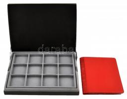 Érmetartó kazetta kivehető tálcával, 24 férőhellyel + piros műbőr borítású album 24 férőhellyel, mindkettő használt állapotban