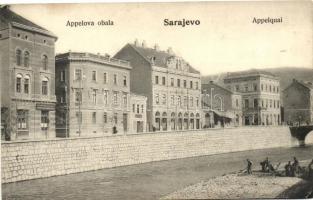 Sarajevo; Appelquai, folyópart, a hátoldalon Mezei-féle Mentholos sósborszesz reklám / riverbank, on backside Hungarian medicine advertisment (EK)