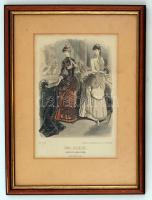 1884 Der Bazar női magazin egyik oldala, színezett rotációs fametszet, üvegezett keretben 29×19 cm