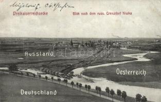 Niwka, Dreikasierreichsecke, Blick nach dem russ. Grenzdorf Niwka / meeting point of the Russian, German and Austrian borders, river barges (Rb)