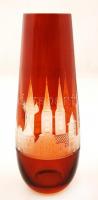 Üveg váza Prága tornyaival, két rétegű, savmaratott, csiszolt, jelzés nélkül, hibátlan, m:23cm