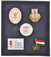 5db-os olimpiai jelvény tétel, benne "Magyar Olimpiai Bizottság - Olimpiai Akadémia", "Magyar Csapat", "Magyar Olimpiai Akadémia", "World Olympians Association" T:1,1-