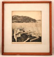 Ábrahám Rafael (1929-): Olasz tengerpart. Rézkarc, papír, jelzett, üvegezett keretben, 30×27 cm