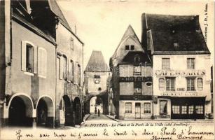 Noyers, La Place et la Porte de la Ville, Café des Arts, Hotel Rougnat / square with the town gate, coffe shop, hotel