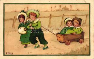 Children pulling a cart with children, M. Munk No. 654., litho, s: IMJ (EK)
