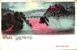 Rheinfall, Hotel Rheinfall bei Beleuchtung, Gruss vom Rheinfall litho