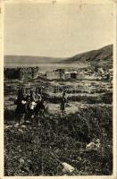 Tiberias, view of the town and the Kinneret lake, man riding a donkey (EB)