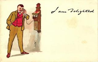 I am delighted / man uses telephone, Raphael Tuck & Sons Write Away Series No. 642 V., litho, s: L. Thackeray