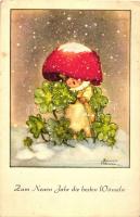 Zum Neuen Jahr die besten Wünsche / New Year, mushroom child, clover, artist signed (EB)