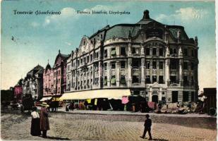 Temesvár, Timisoara; Józsefváros, Ferencz József út, Lloyd palota / street, market (EK)