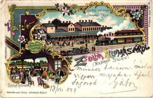 1899 Zsolna, Zilina; Kassa-Oderbergi vasútvonal vasútállomása, pályaudvari vendéglő, gőzmozdony; Schwidernoch Károly / railway station, restaurant, locomotive, floral, Art Nouveau litho  (EK)